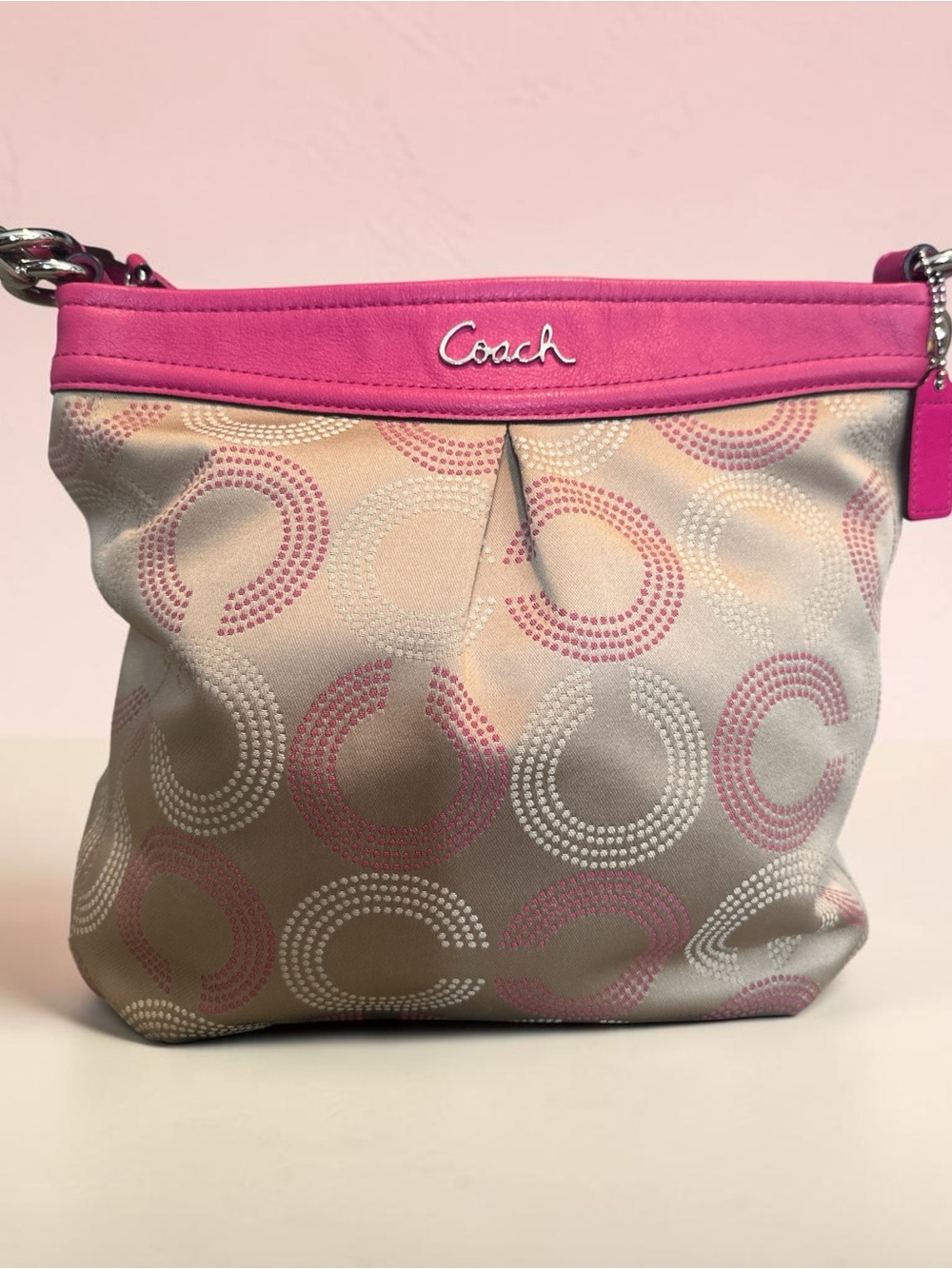 Coach Pink-Trim Signature Circle Shoulder Bag